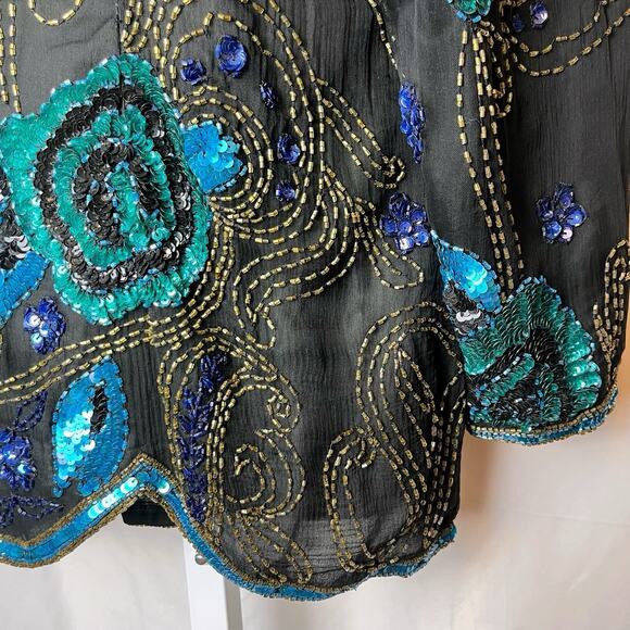 Fantasy by Lisa Kane Vintage XL Silk Beaded Top Black Blue Sequin Floral Beaded - Picture 14 of 16